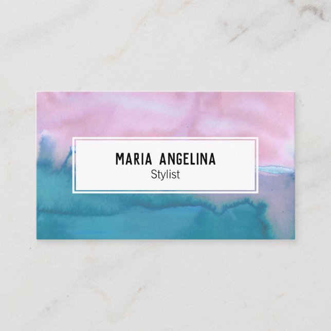 Pink and teal abstract watercolor business card (Front)