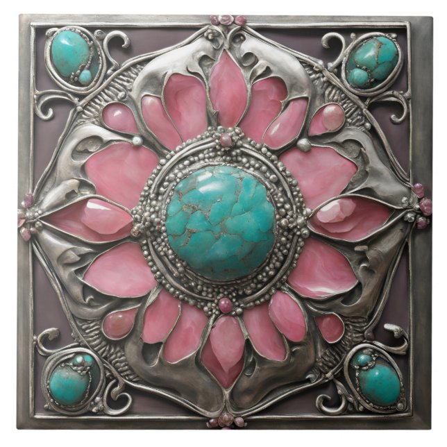 Pink and Teal Art Nouveau Mosaic Tile Pattern (Front)
