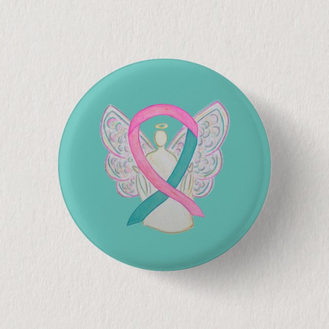 Pink and Teal Awareness Ribbon Angel Button Pins (Front)