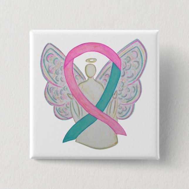 Pink and Teal Awareness Ribbon Angel Button Pins (Front)