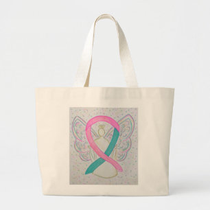 Pink and Teal Awareness Ribbon Art Custom Tote Bag