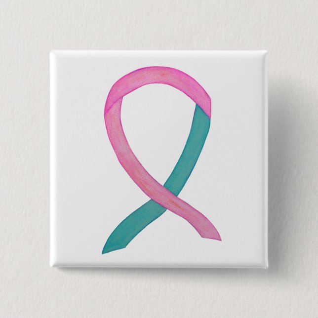 Pink and Teal Awareness Ribbon Custom Button Pins (Front)
