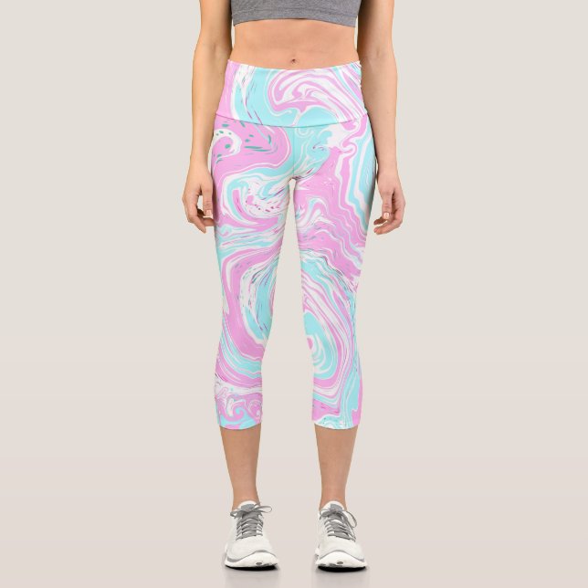 Pink and Teal Blue Cotton Candy Colours Marble  Capri Leggings (Front)