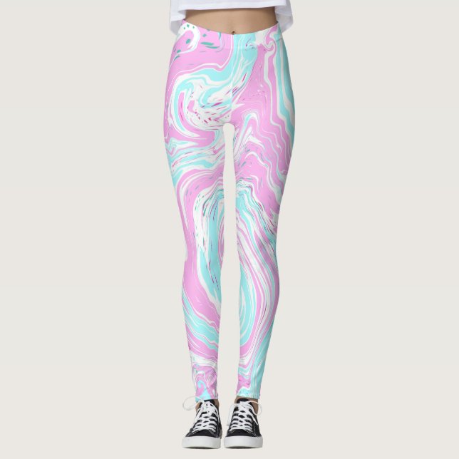 Pink and Teal Blue Cotton Candy Colours Marble   Leggings (Front)