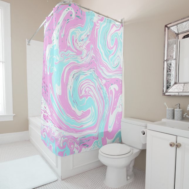 Pink and Teal Blue Cotton Candy Colours Marble  Shower Curtain (In Situ)