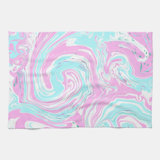 Pink and Teal Blue Cotton Candy Colours Marble  Tea Towel (Horizontal)