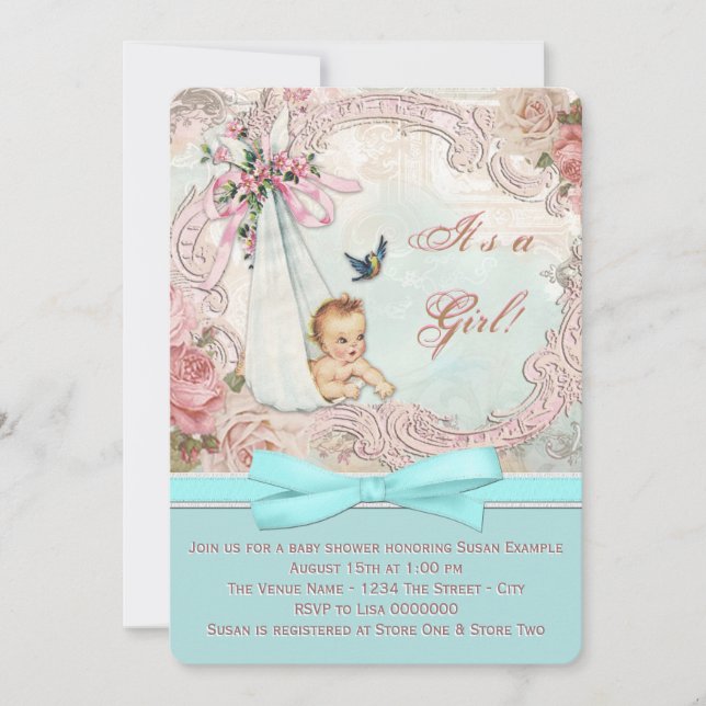 Pink and Teal Blue Vintage Baby Shower Invitation (Front)