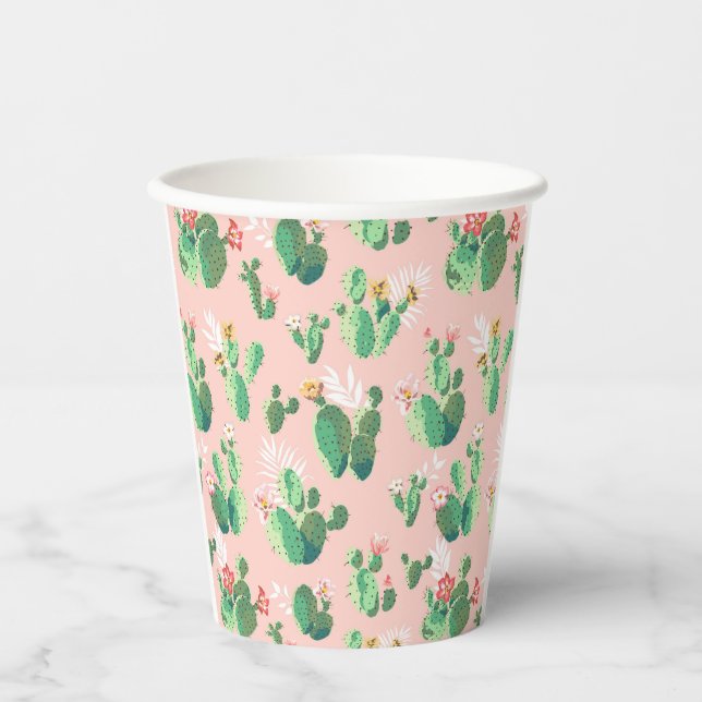 Pink and Teal Cactus Southwestern Paper Party Cups (Front)