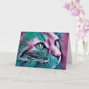 Pink and Teal Cat Art Meowy Christmas Card