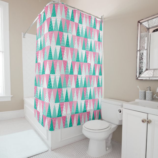 Pink and Teal Christmas Trees Shower Curtain (In Situ)
