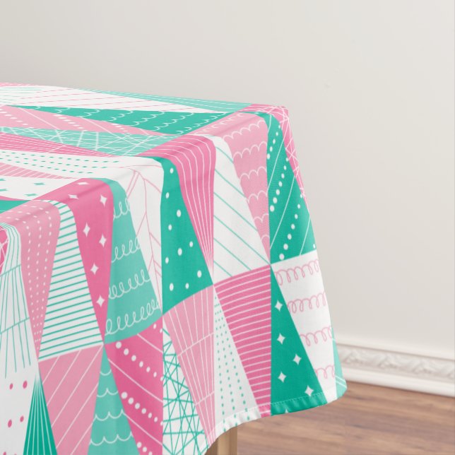 Pink and Teal Christmas Trees Tablecloth (In Situ)