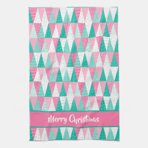 Pink and Teal Christmas Trees Tea Towel