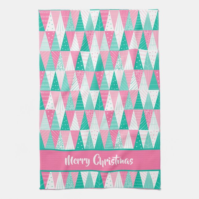 Pink and Teal Christmas Trees Tea Towel (Vertical)