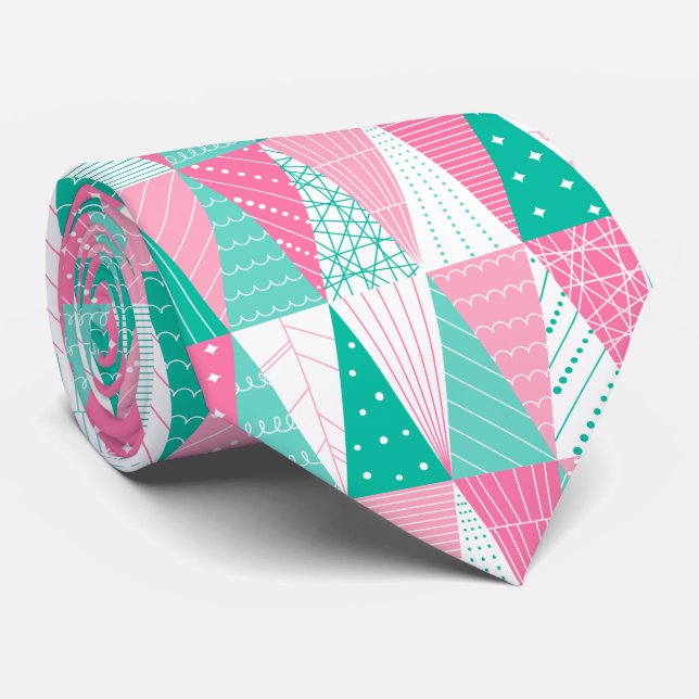 Pink and Teal Christmas Trees Tie (Rolled)