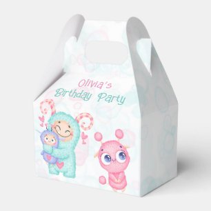 Pink and Teal Cute Monsters Girl Birthday Party Favour Box