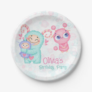 Pink and Teal Cute Monsters Girl Birthday Party Paper Plate