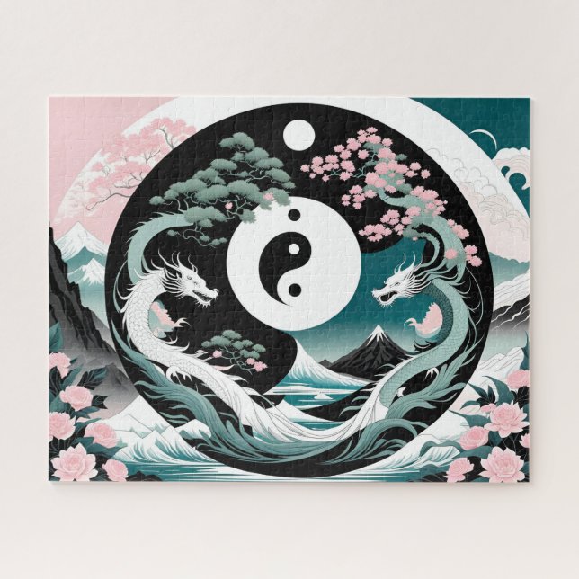 Pink and Teal Dragons Asian Landscape yin yang Jigsaw Puzzle (Horizontal)