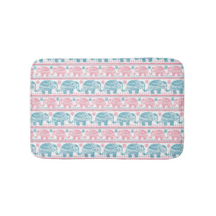 Pink And Teal Ethnic Elephant Pattern Bath Mat