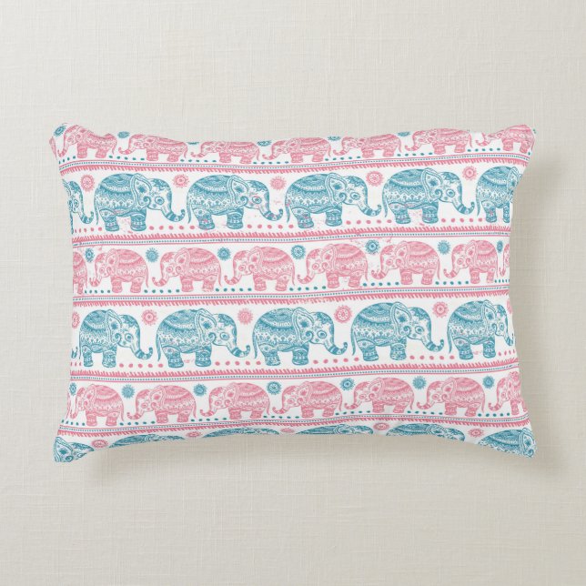 Pink And Teal Ethnic Elephant Pattern Decorative Cushion (Front)