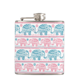 Pink And Teal Ethnic Elephant Pattern Hip Flask