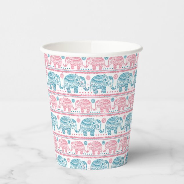 Pink And Teal Ethnic Elephant Pattern Paper Cups (Left)