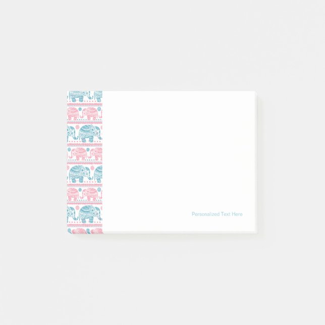 Pink And Teal Ethnic Elephant Pattern Post-it Notes (Front)
