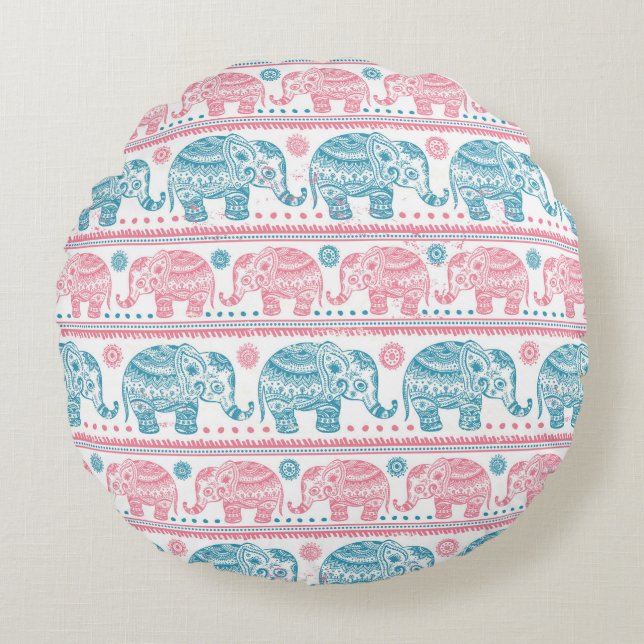 Pink And Teal Ethnic Elephant Pattern Round Cushion (Front)