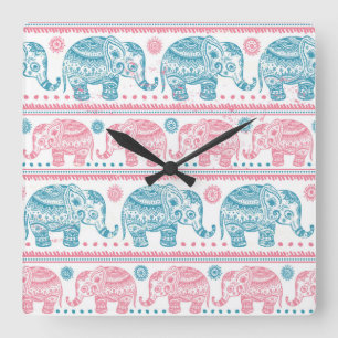 Pink And Teal Ethnic Elephant Pattern Square Wall Clock