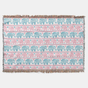 Pink And Teal Ethnic Elephant Pattern Throw Blanket