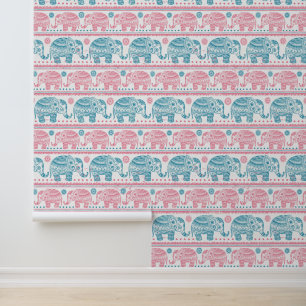 Pink And Teal Ethnic Elephant Pattern Wallpaper