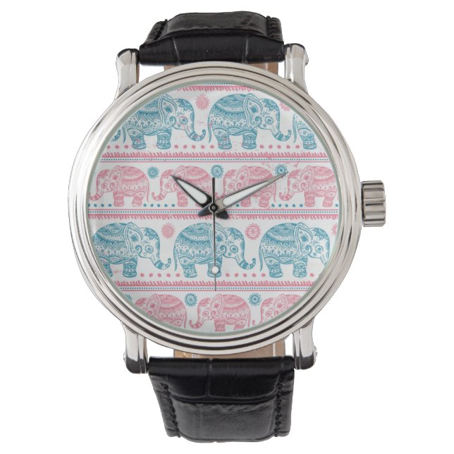 Pink And Teal Ethnic Elephant Pattern Watch (Front)