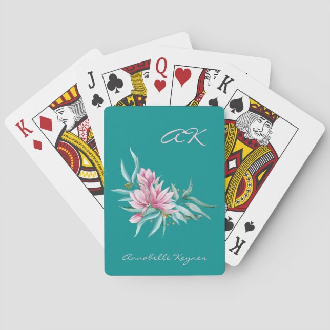Pink and teal floral botanical elegant monogrammed playing cards (Back)