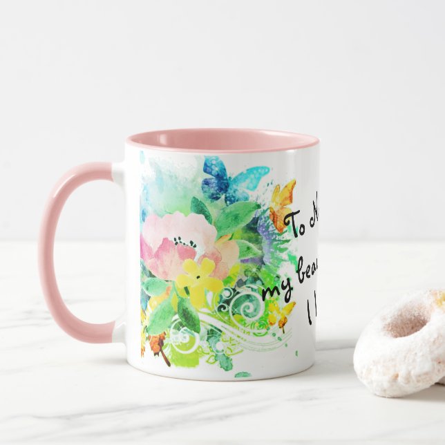 Pink and teal floral floral bush for my niece mug (With Donut)
