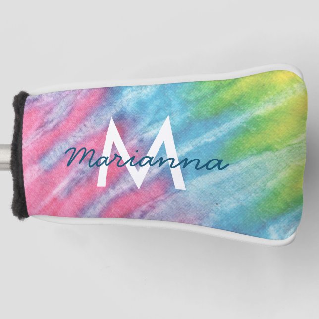 Pink and Teal Girly Tie Dye Monogrammed Golf Head Cover (Front)