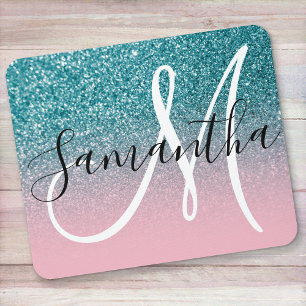 Pink and Teal Glitter Ombre Monogram Mouse Mat