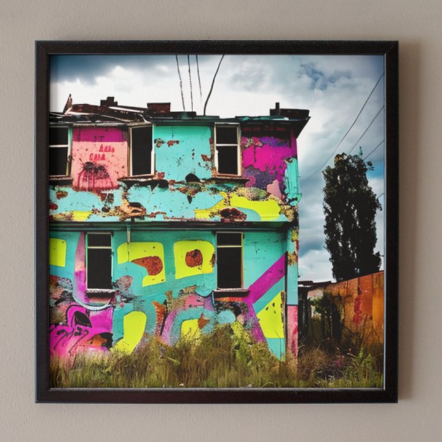 Pink and Teal Graffiti Art | Abandoned House Canvas Print (Creator Uploaded)