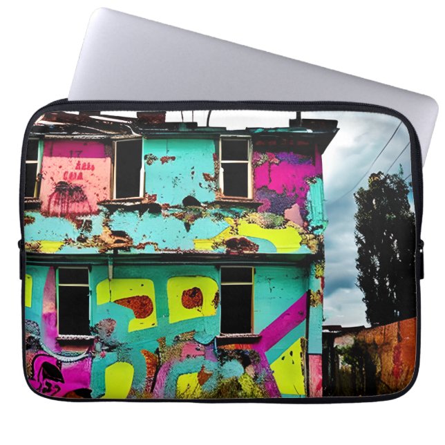Pink and Teal Graffiti Art | Abandoned House Laptop Sleeve (Front)