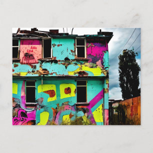 Pink and Teal Graffiti Art Abandoned House Postcard