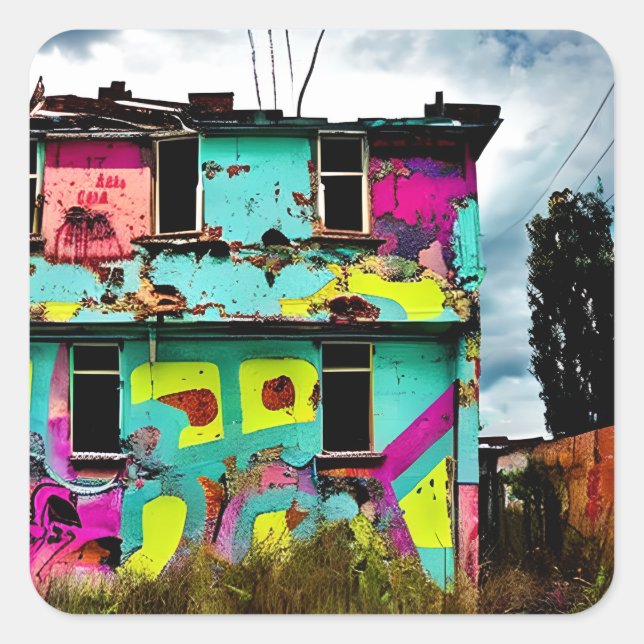 Pink and Teal Graffiti Art | Abandoned House Square Sticker (Front)