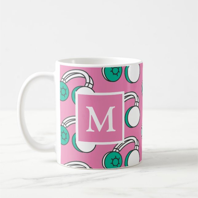 Pink and Teal Headphones Pop Art Pattern Monogram Coffee Mug (Left)