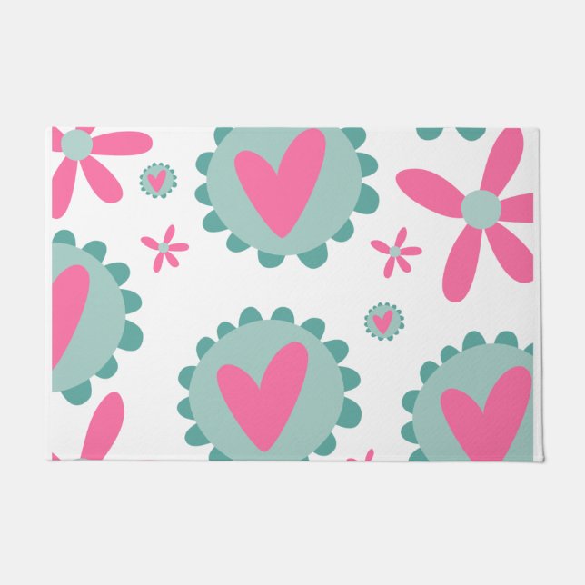 Pink And Teal Hearts And Pink Flowers Pattern Doormat (Front)