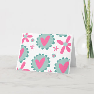 Pink And Teal Hearts With Pink Flowers Pattern Card