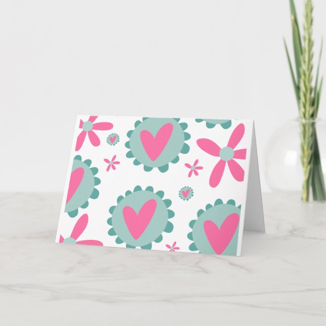 Pink And Teal Hearts With Pink Flowers Pattern Card (Front)