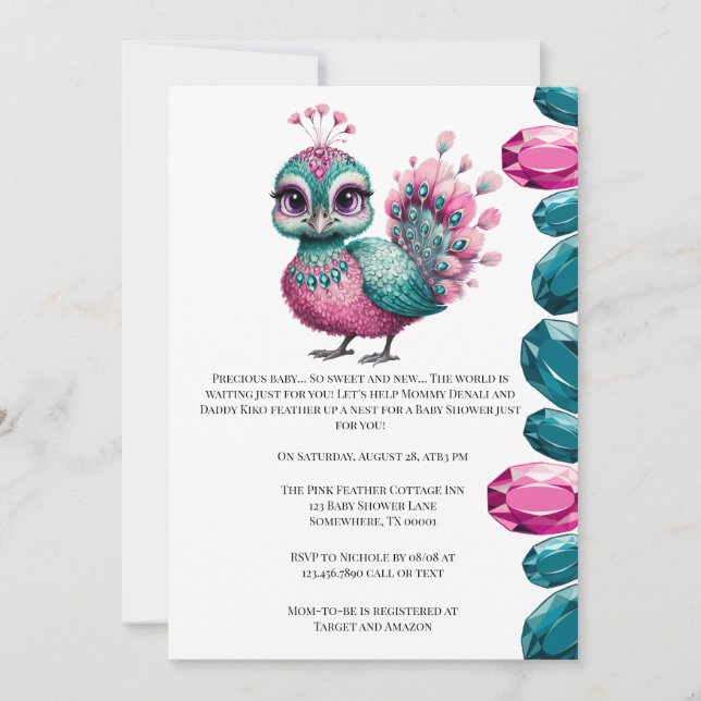 Pink and Teal Jewel Baby Peacock Baby Shower Invitation (Front)