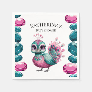 Pink and Teal Jewel Baby Peacock Baby Shower Napkin