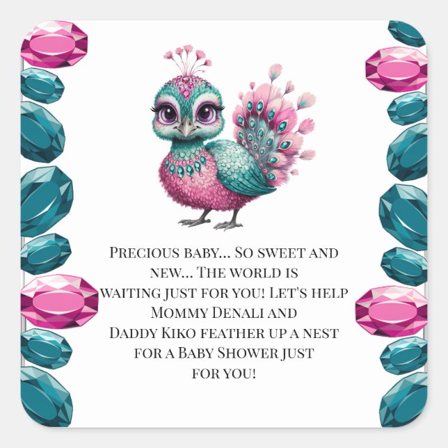 Pink and Teal Jewel Baby Peacock Baby Shower Square Sticker (Front)