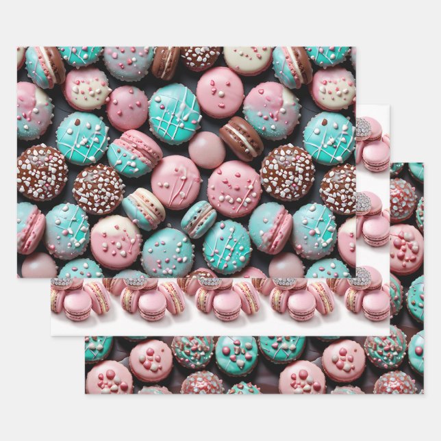Pink and Teal Macaron   Wrapping Paper Sheet (Set)