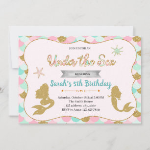 Pink and teal mermaid theme invitation