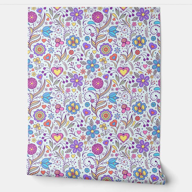 Pink and Teal Modern doodle floral print pattern  Wallpaper (Unrolling)