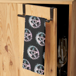 Pink and Teal Pentagram Witchcraft Black Halloween Tea Towel